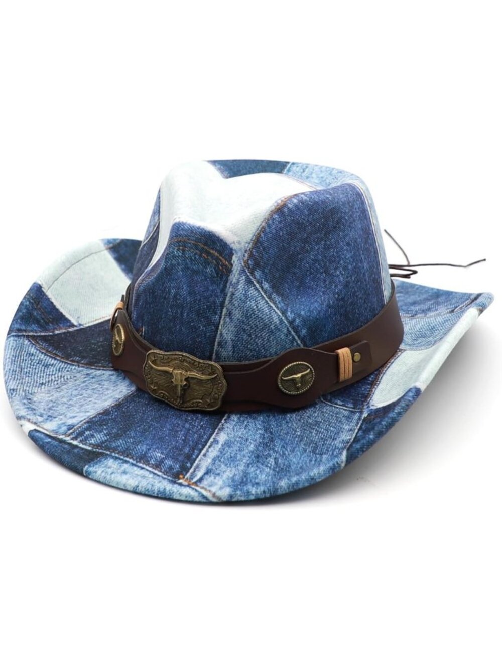 Unisex Denim Blue Wide Brim Felt Buckle Fedora Country Western Cowboy Hat